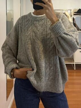 Women's J. Crew Metallic Cable Knit Wool Alpaca Blend Sweater L Gray Chunky Knit